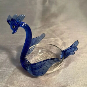 Vintage 20th century Blue And Clear Glass Swan Trinket Dish